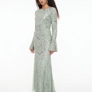 Maryisa Beaded Long-Sleeve Evening Gown in Sage Green